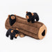 Dog toy with plush bear figures and a brown log on a white background