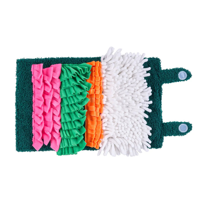 Multi-coloured snuffle toy with different texture patterns on a white background
