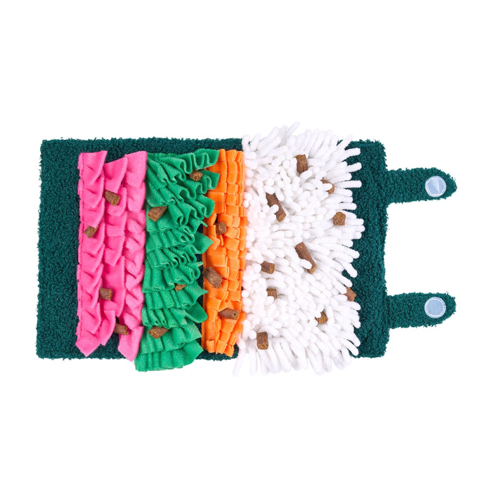 Colorful textured snuffle toy with ruffled and fringed edges on a white background