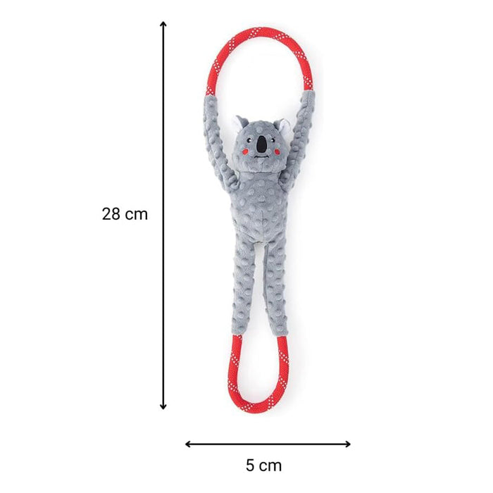 Gray koala-shaped toy with red accents and measurements on a white background