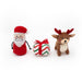 Plush toys resembling Santa Claus and a reindeer with a candy cane on a white background