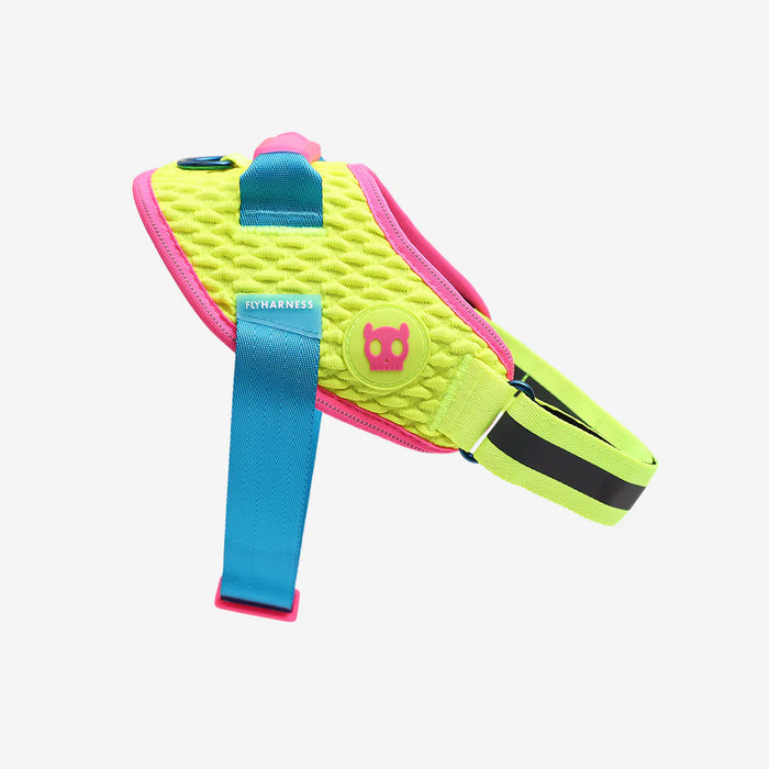 Neon green and pink dog harness with blue strap on a white background
