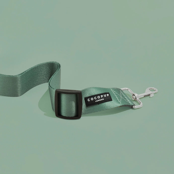 Green dog leash with black buckle and COCOPUP label on a light green background