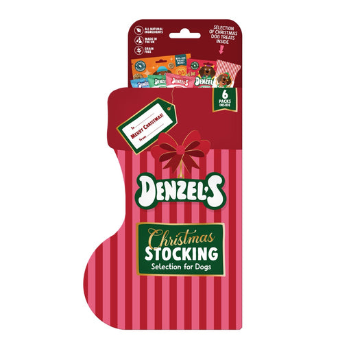 Denzel's Christmas stocking packaging with a red and white striped design on a white background.
