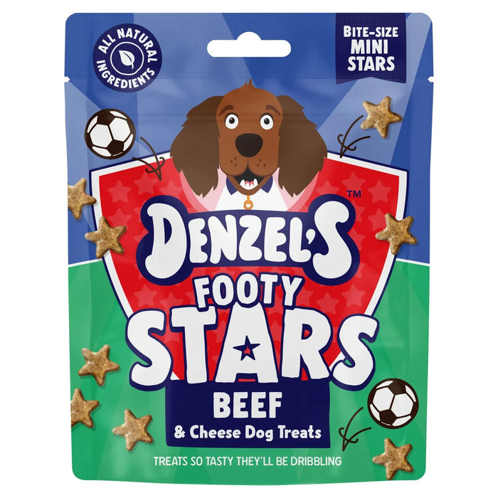 Denzel's Footy Stars beef & cheese dog treats packaging with cartoon dog and sports theme.