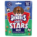 Denzel's Footy Stars beef & cheese dog treats packaging with cartoon dog and sports theme.