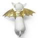 White plush toy with gold bat wings on a white background
