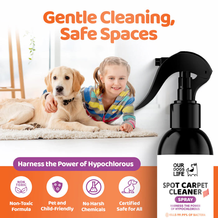 Spot carpet cleaner spray with a child and dog on a carpet, emphasizing gentle cleaning and safe spaces.