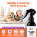 Spot carpet cleaner spray with a child and dog on a carpet, emphasizing gentle cleaning and safe spaces.