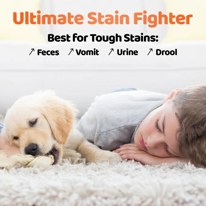 Young boy lying on a carpet with a puppy, featuring text about stain fighter for various stains.