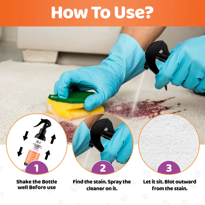 Instructions on how to use a stain remover with gloved hands and cleaning tools.