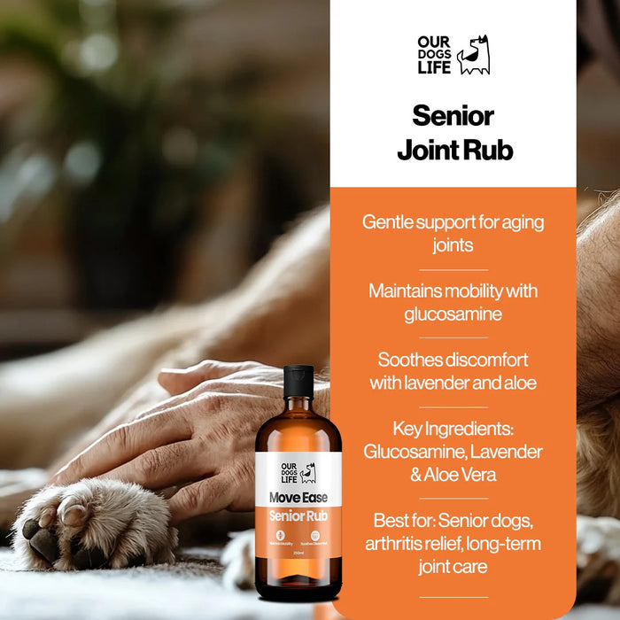 Bottle of 'Move Ease Senior Rub' with packaging details on a blurred background