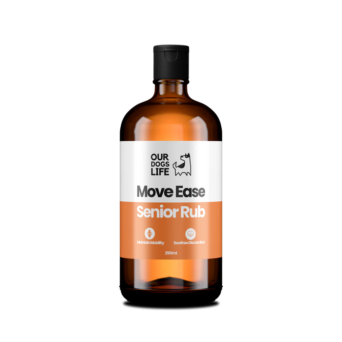 Bottle of 'Move Ease Senior Rub' for dogs on a white background