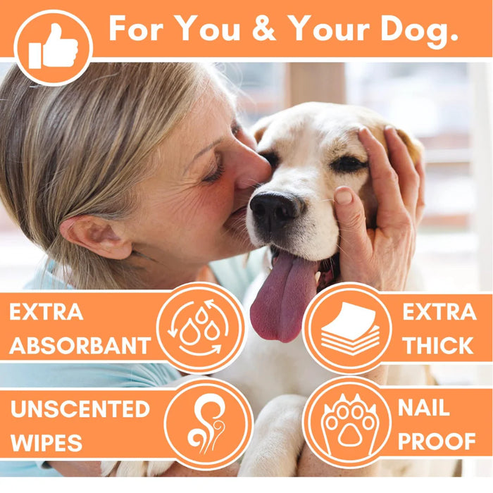 Woman kissing a dog with product features highlighted on an orange background