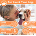 Woman kissing a dog with product features highlighted on an orange background