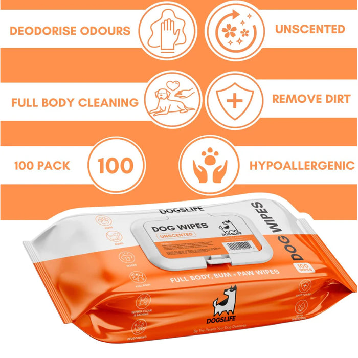 Pack of Dogswipe dog wipes with features listed on an orange background