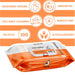 Pack of Dogswipe dog wipes with features listed on an orange background