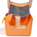 Orange pet litter box with a gray mesh cover and purple rim, held by a person.