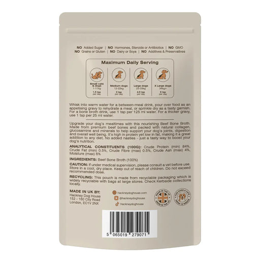 Back of a dog food packaging with text and icons on a white background