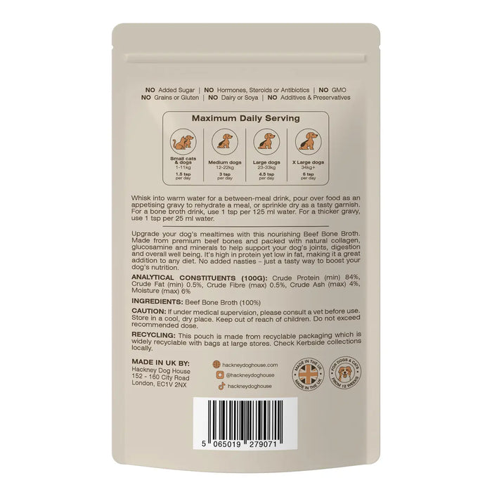 Back of a dog food packaging with text and icons on a white background