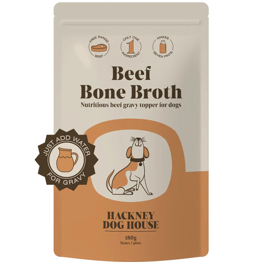 Package of Hackney Dog House Beef Bone Broth for dogs on a white background