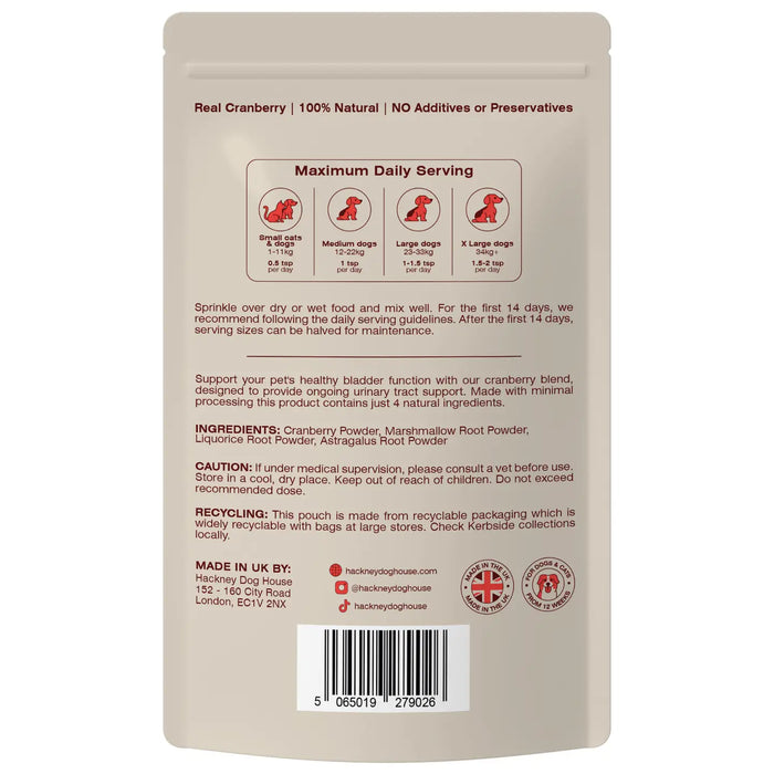 Back of a dog food packaging with text and branding on a beige background