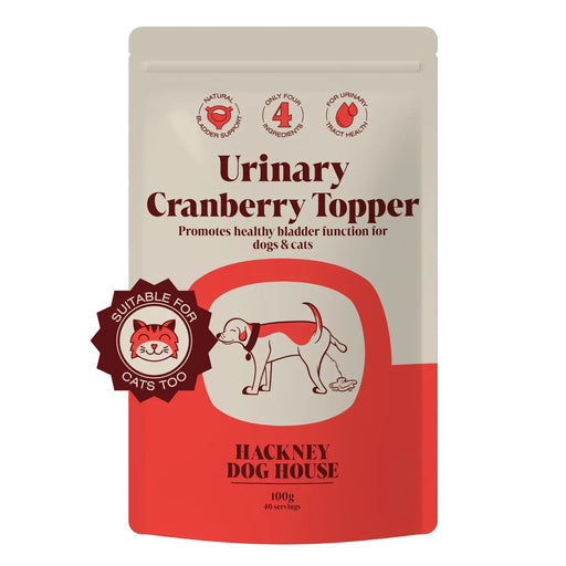 Packaging of Hackney Dog House Urinary Cranberry Topper for dogs and cats on a white background