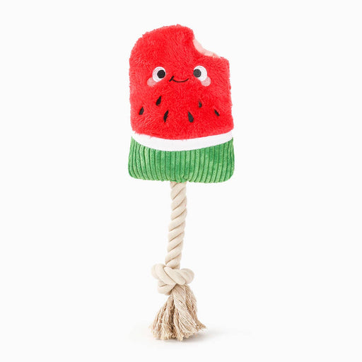Plush watermelon toy with a rope on a white background