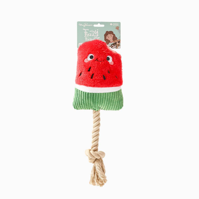 Red watermelon-shaped dog toy with a green base and rope, on a white background