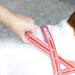 A close-up of a dog harness being worn by a white dog, with a human hand adjusting the pink and orange straps. The harness features the brand name 'IN THE DOG' on a small oval tag.