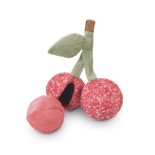Red cherry-shaped toy with green stems on a white background