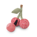 Red cherry-shaped toy with green stems on a white background