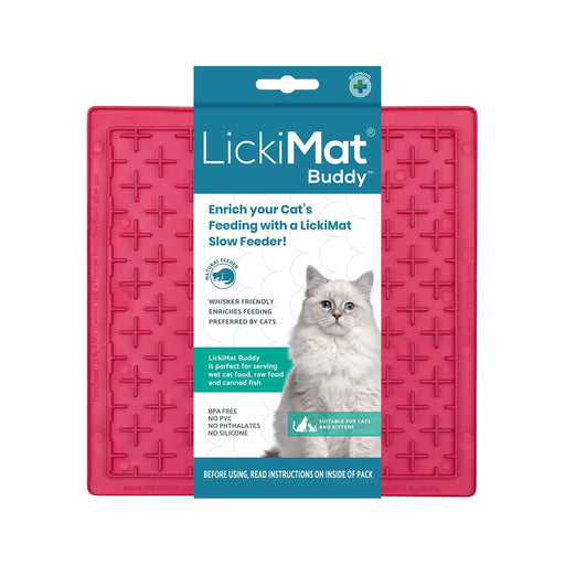 LickiMat Buddy cat lick mat packaging with a bright pink lick mat visible behind the teal and white retail card, on a plain white background.