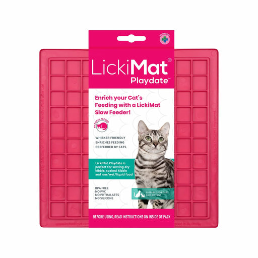 LickiMat Playdate cat enrichment product in its retail packaging, featuring a pink slow feeder mat with a central white and pink cardboard header card showing a tabby cat photo.