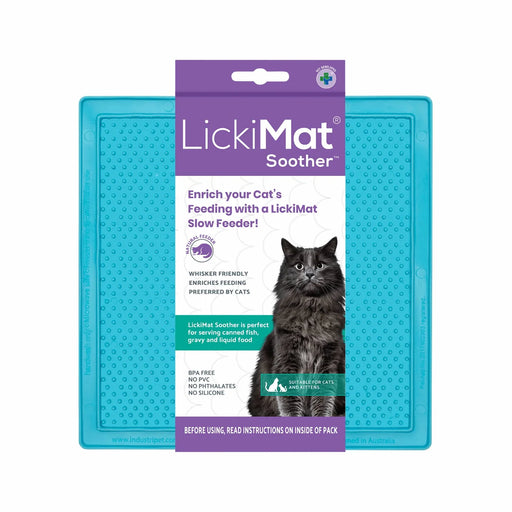 LickiMat Soother packaging with a blue mat and cat illustration on a white background