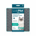 LickiMat Tuff Buddy cat slow feeder packaging and product shown on a white background. The package features a cat photo and product details, with the gray textured mat visible behind the hanging card.