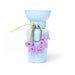 Light blue water bottle with pink letters and floral design on a white background