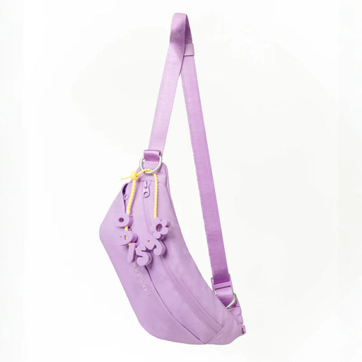 Purple sling bag with floral details on a white background