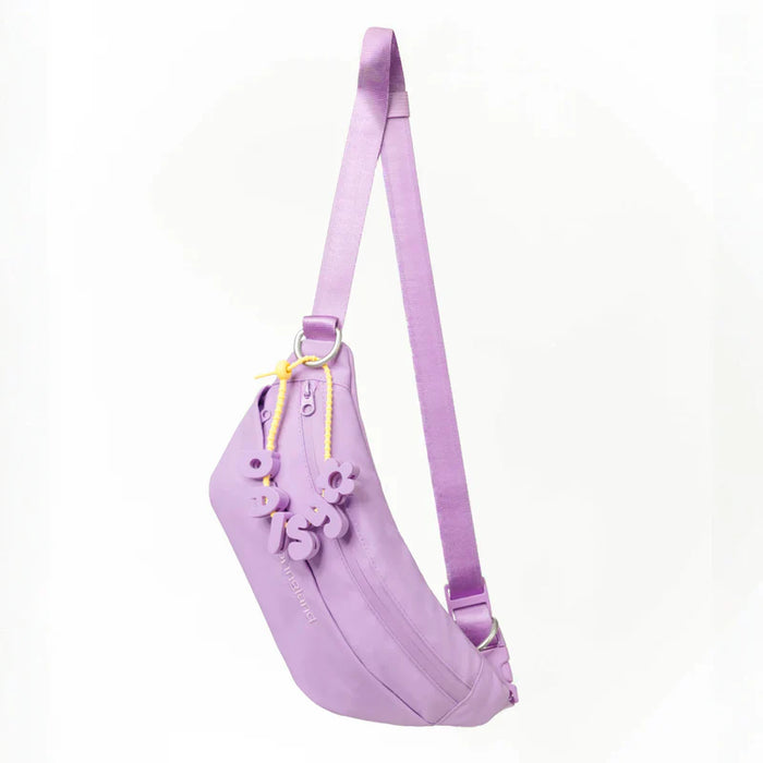 Purple sling bag with floral details on a white background