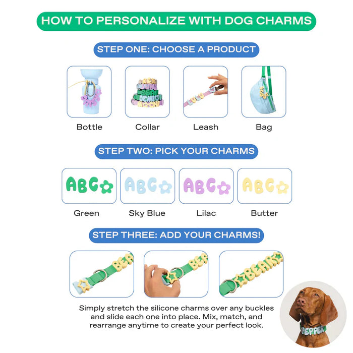 Instructions on how to personalize dog products with charms, including a bottle, collar, leash, and bag.
