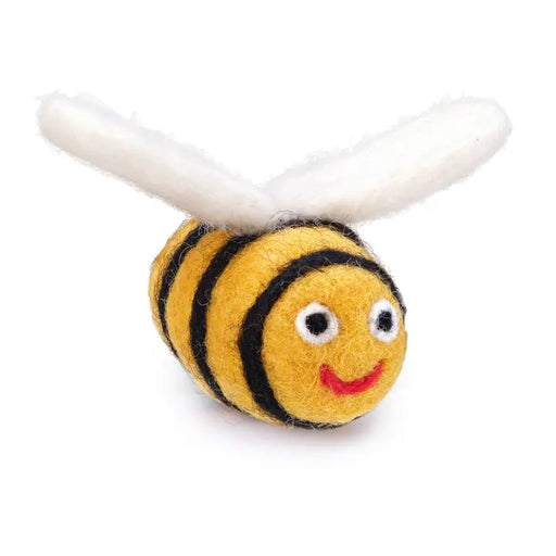 A handmade felt bee toy with yellow and black stripes, white wings, and a smiling face, shown on a plain white background.