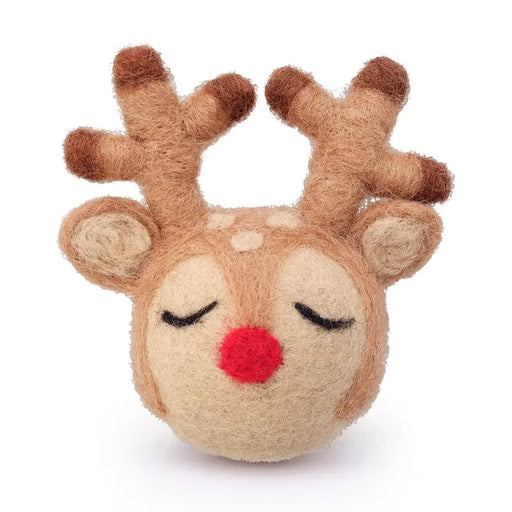 A felt wool toy reindeer head with brown antlers, a beige face, black embroidered closed eyes, and a bright red nose, photographed on a clean white background.