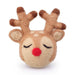 A felt wool toy reindeer head with brown antlers, a beige face, black embroidered closed eyes, and a bright red nose, photographed on a clean white background.