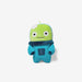Plush toy with green face and blue body on a white background