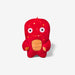 Red plush toy with a smiling face on a white background