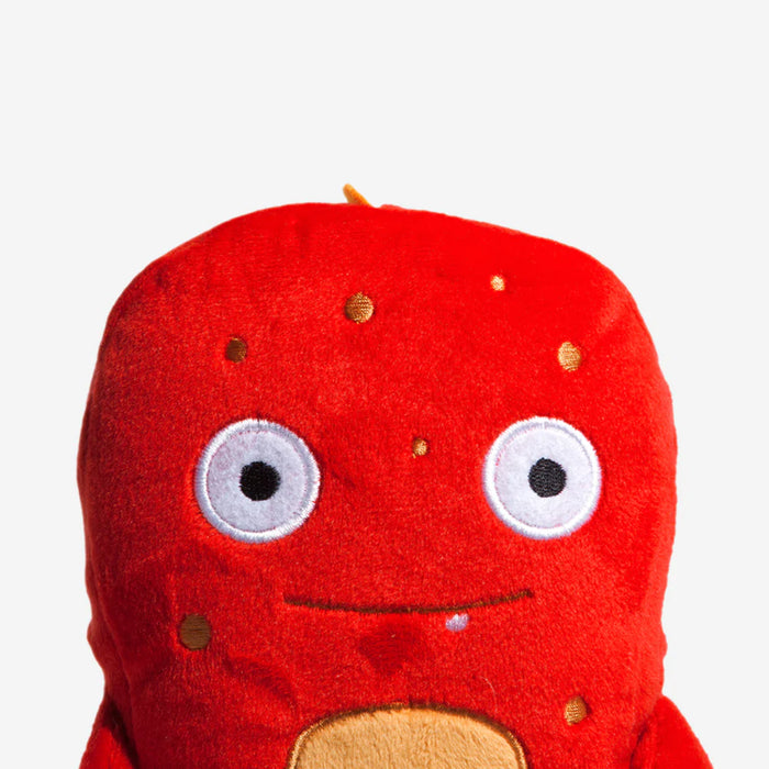Red plush toy with a face on a white background