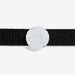 Black dog collar with a Round, white airtag holder with colourful specks on a light grey background