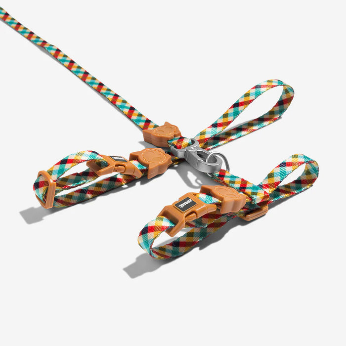 Colorful plaid cat  leash with brown plastic clips on a white background