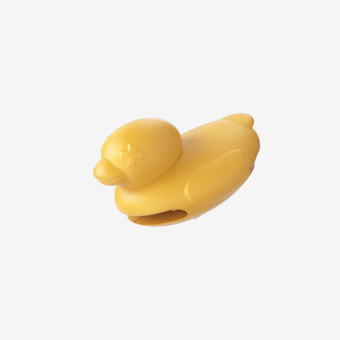 Yellow rubber duck-shaped object on a white background