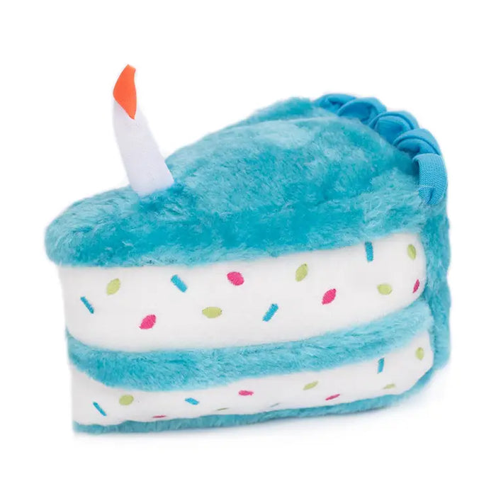 plush cake toy, blue, on a white background.